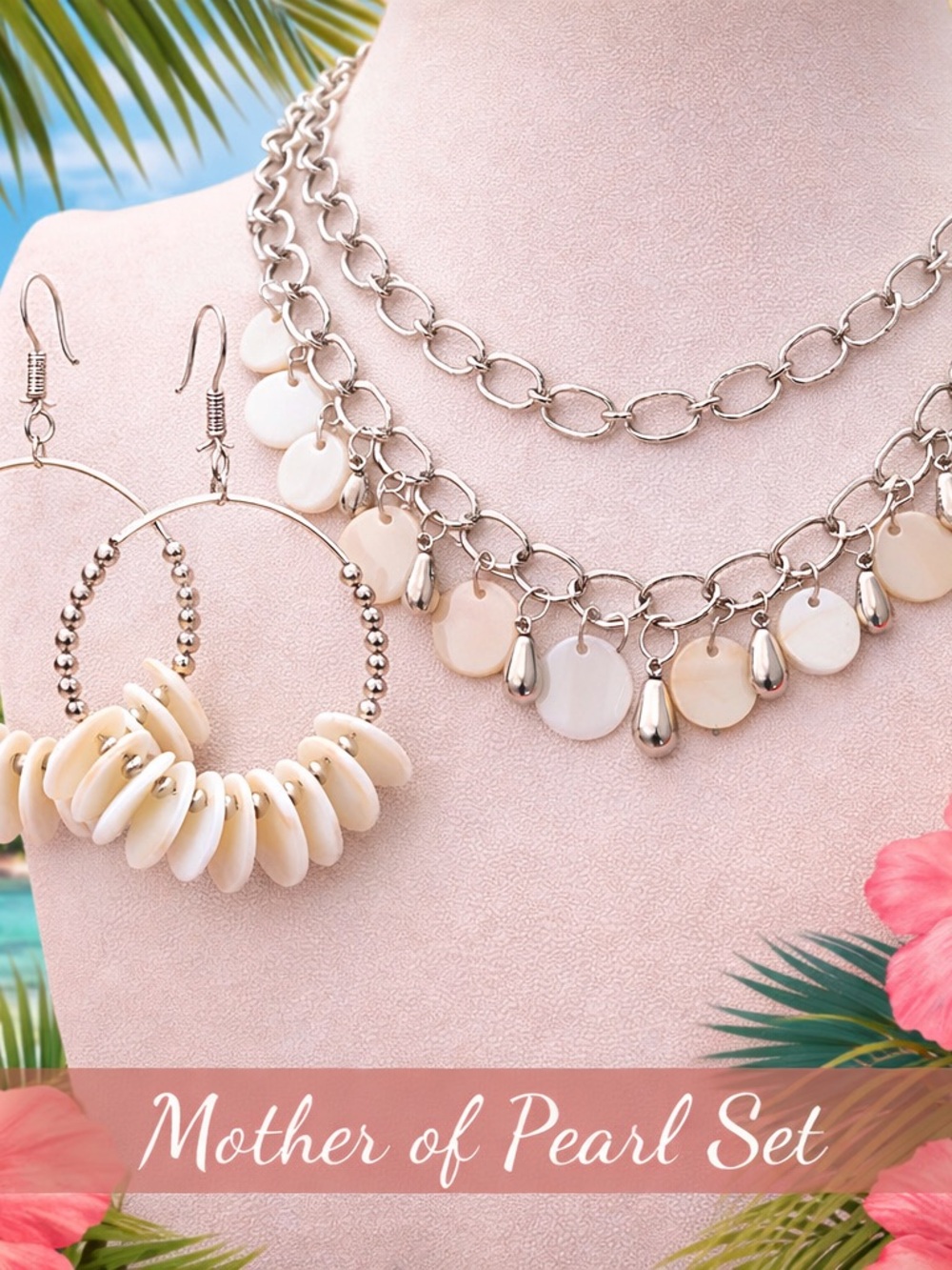 Mother of Pearl Necklace and Earring Set Silver Tone Tropical